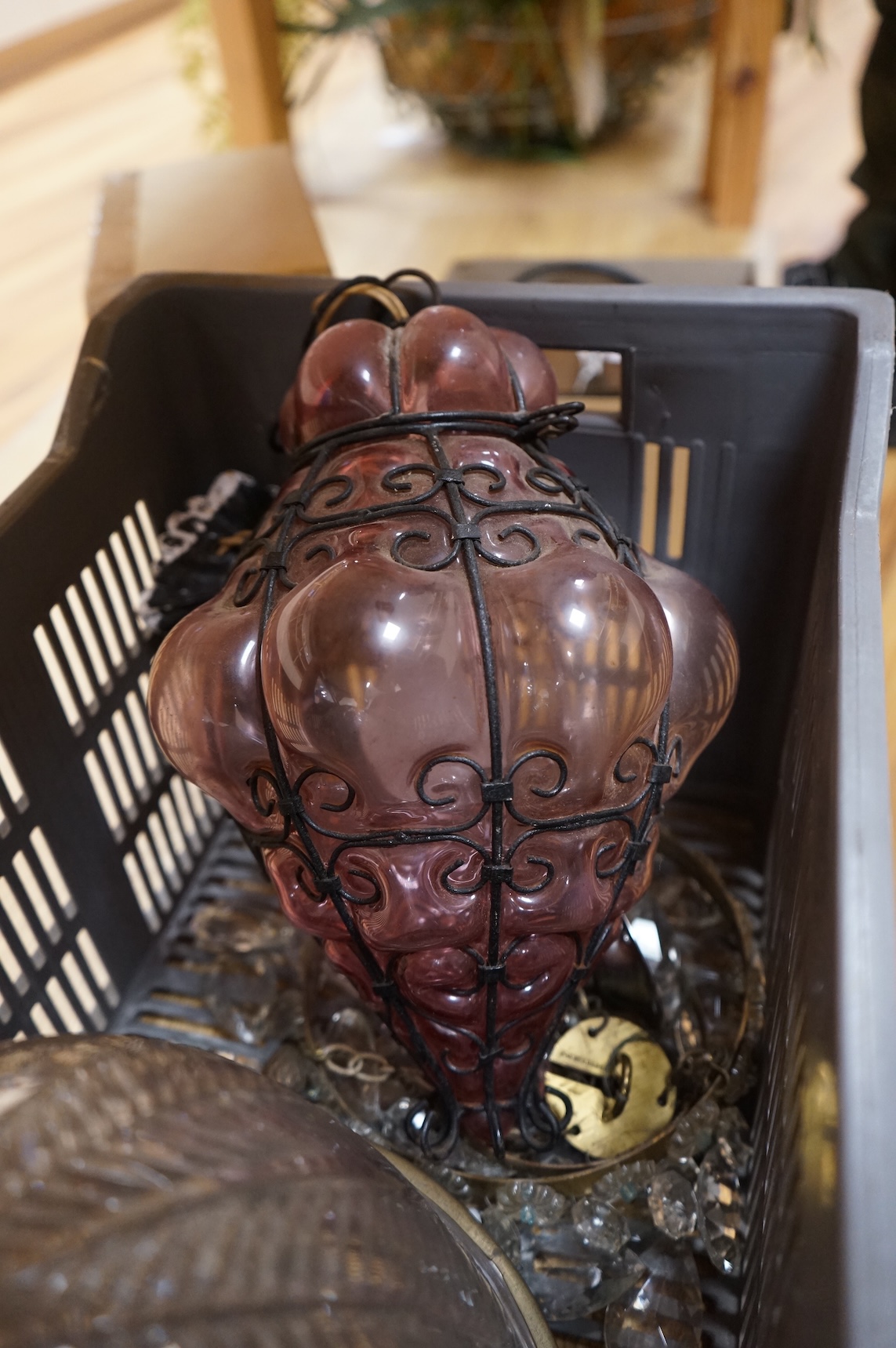 Two metal and glass lanterns, and a bag chandelier (3)